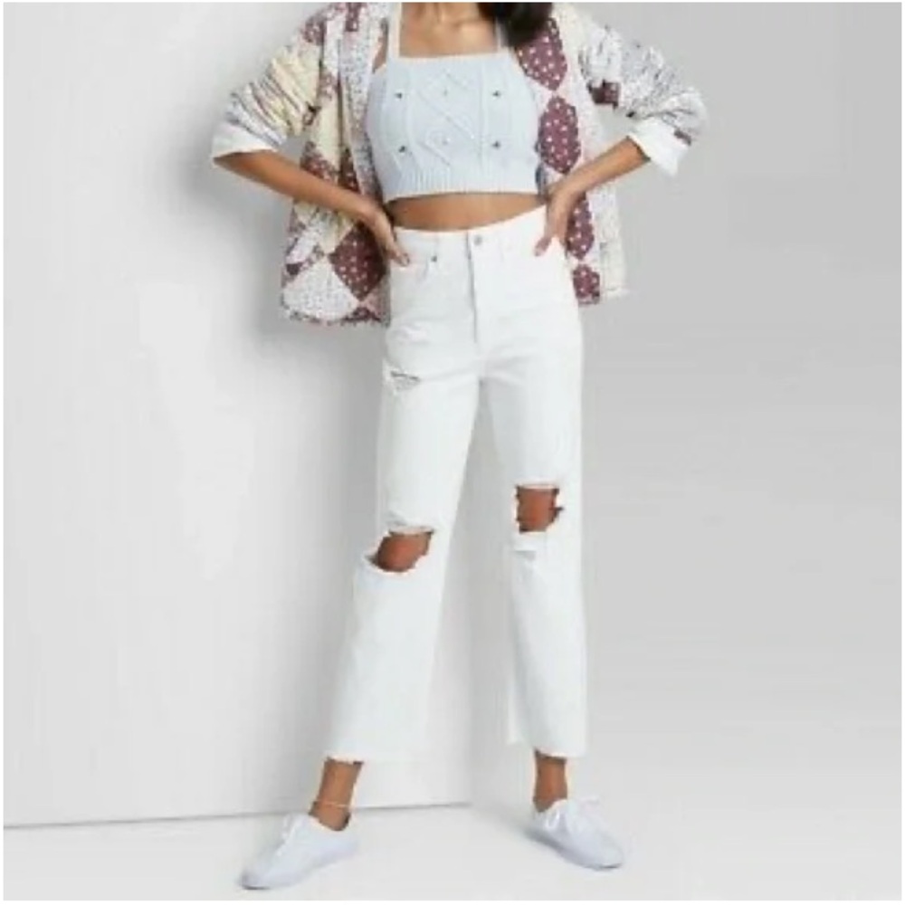 Wild Fable Super High-Rise Distressed Cropped Straight Jeans in White